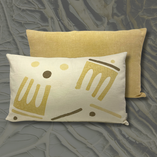 Coussin végé "jongleries géométriques "- jaune / brun