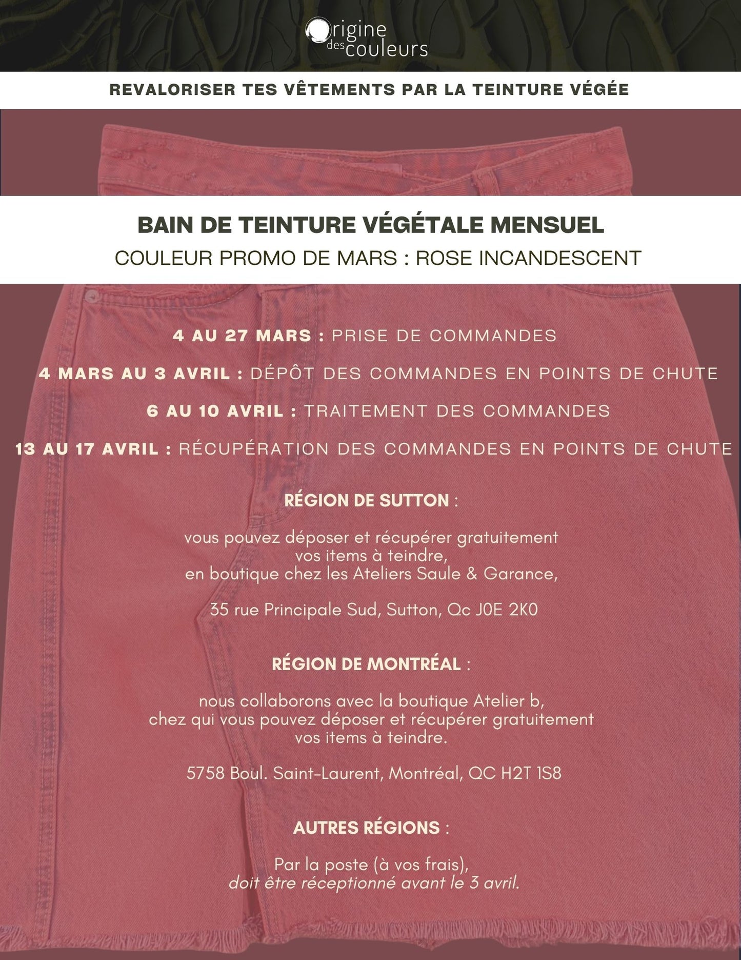 Bain de teinture textile végétale mensuel - MARS